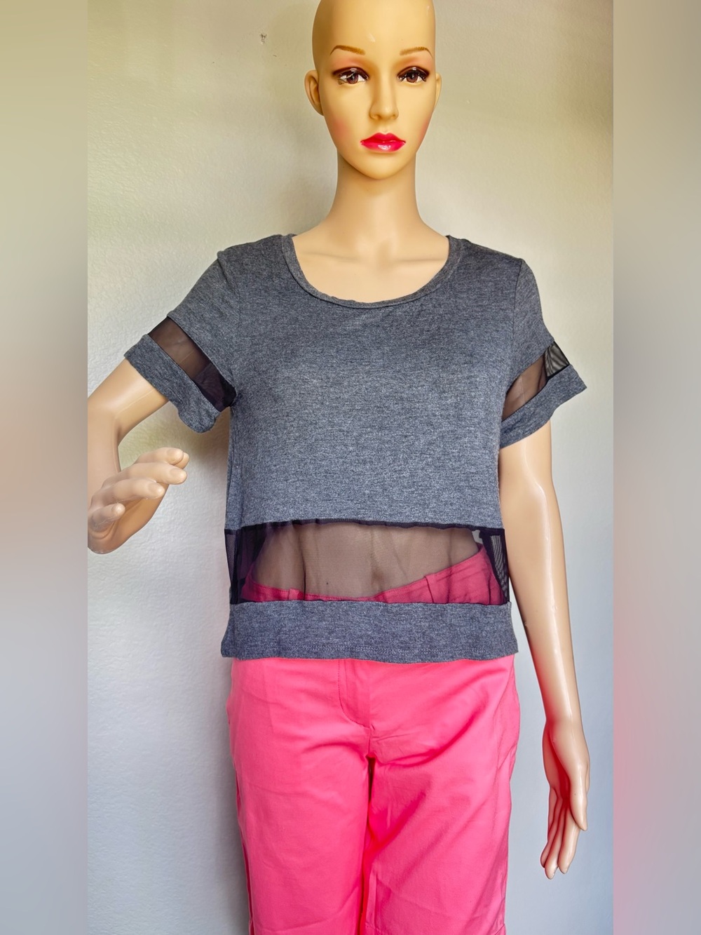 Occasion Gray Cropped Tee with Black Mesh Insets
